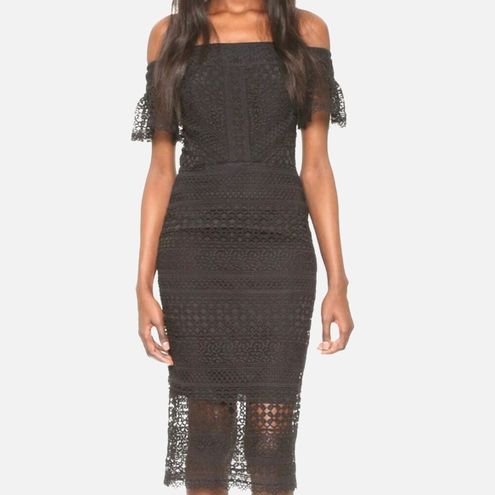 Cynthia Rowley Crochet Lace Midi Dress Black Size 10 Off the Shoulder
